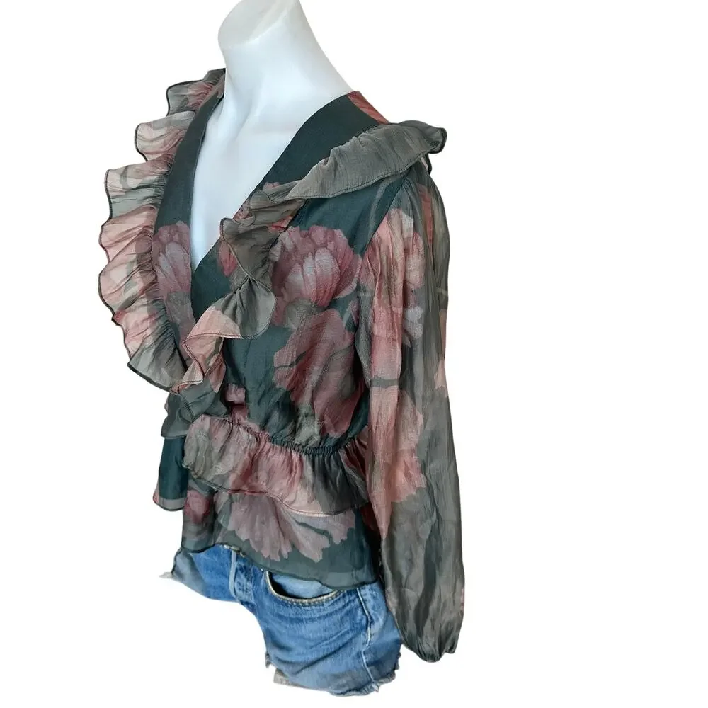 Hutch Hunter Green Chiffon Ruffle Top MEDIUM Cottage Fall Romantic Designer $180 - Picture 8 of 10